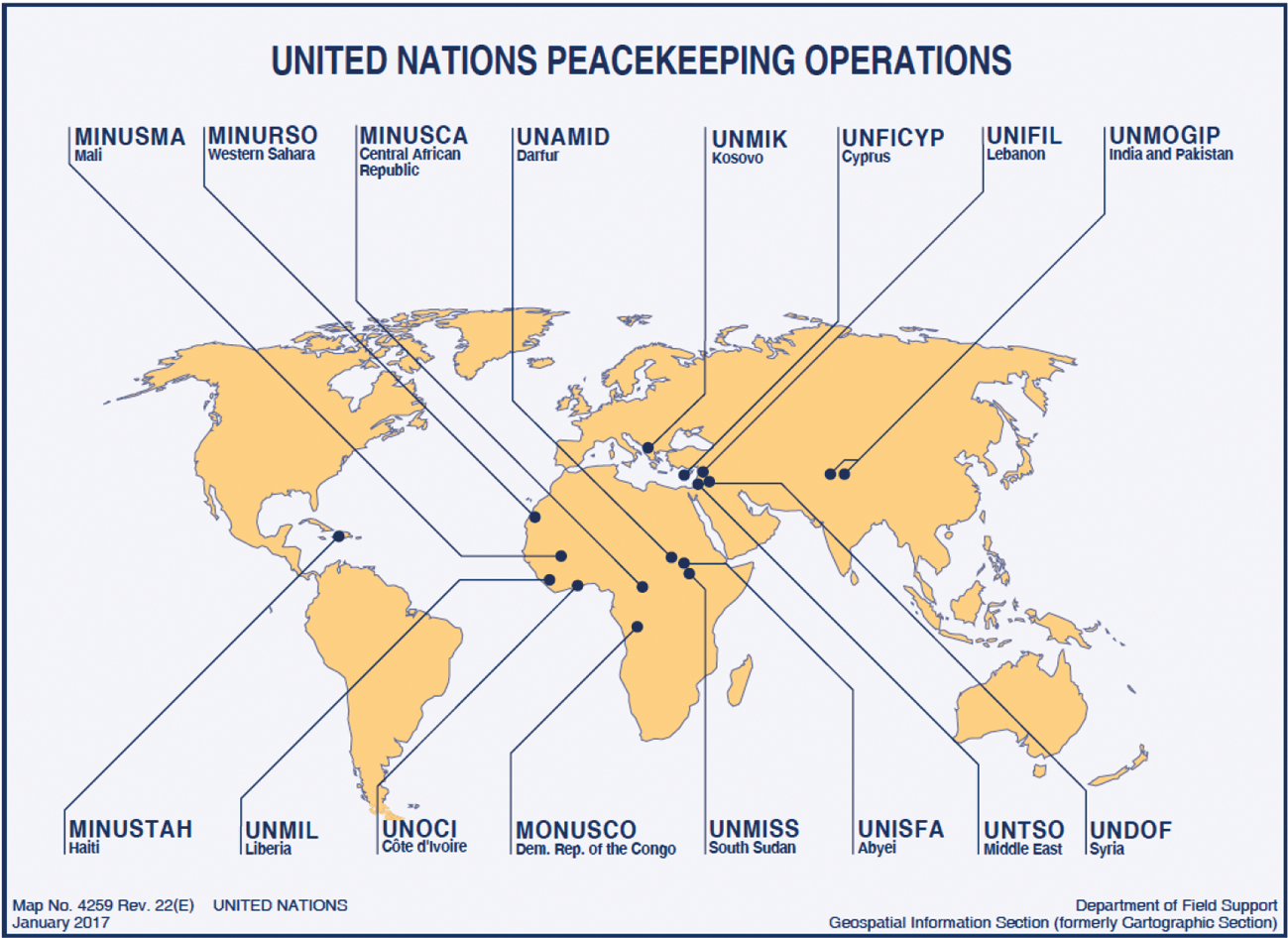 Figuur 1: overzicht van VN-vredesmissies (versie begin 2017; UNOCI sloot op 30 juni 2017 en MINUSTAH sluit op 15 oktober 2017)