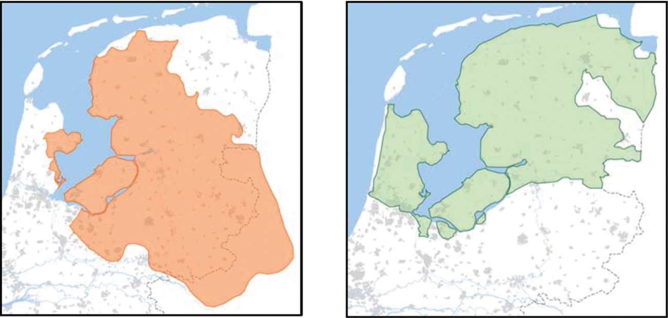 Figuur 1: Links in oranje de afwatering op het IJsselmeergebied. Rechts in het groen het watervoorzieningsgebied uit de wateren van het IJsselmeergebied
