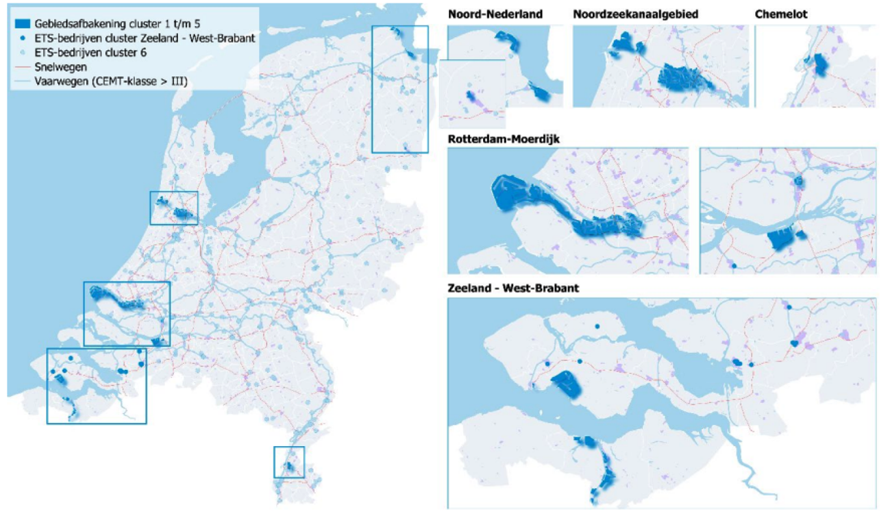 Afbeelding 1: kaart van de vijf geografische industrieclusters met energie-intensieve bedrijvigheid1