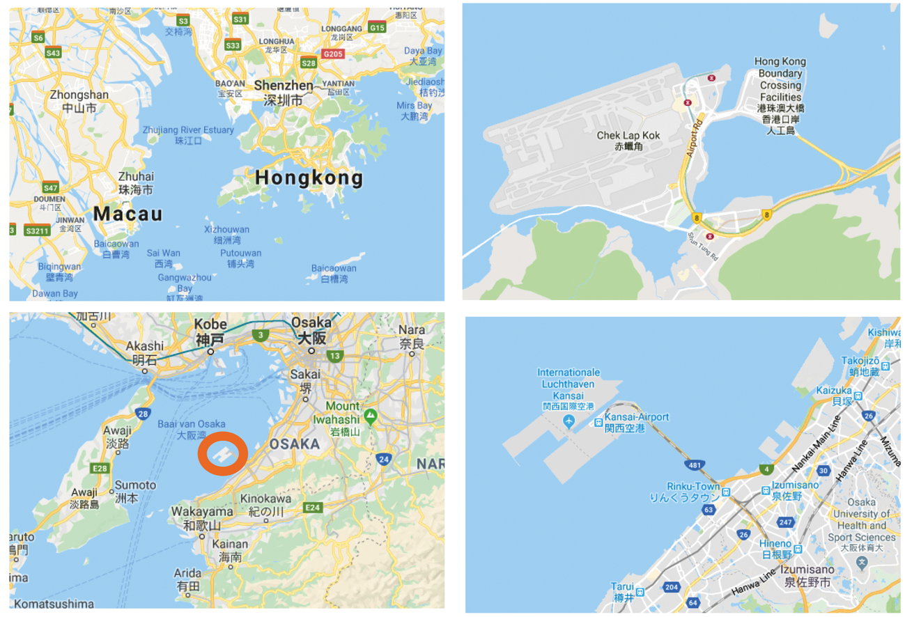 Bijschrift: Chek Lap Kok (boven) en Kansai (onder) zijn omcirkeld in de figuren links.