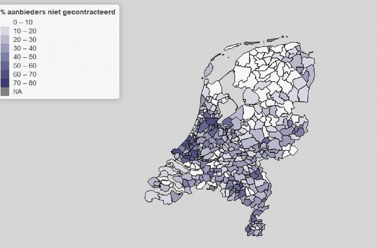 Figuur 2: Aandeel niet-gecontracteerde aanbieders wijkverpleging per gemeente (2018)