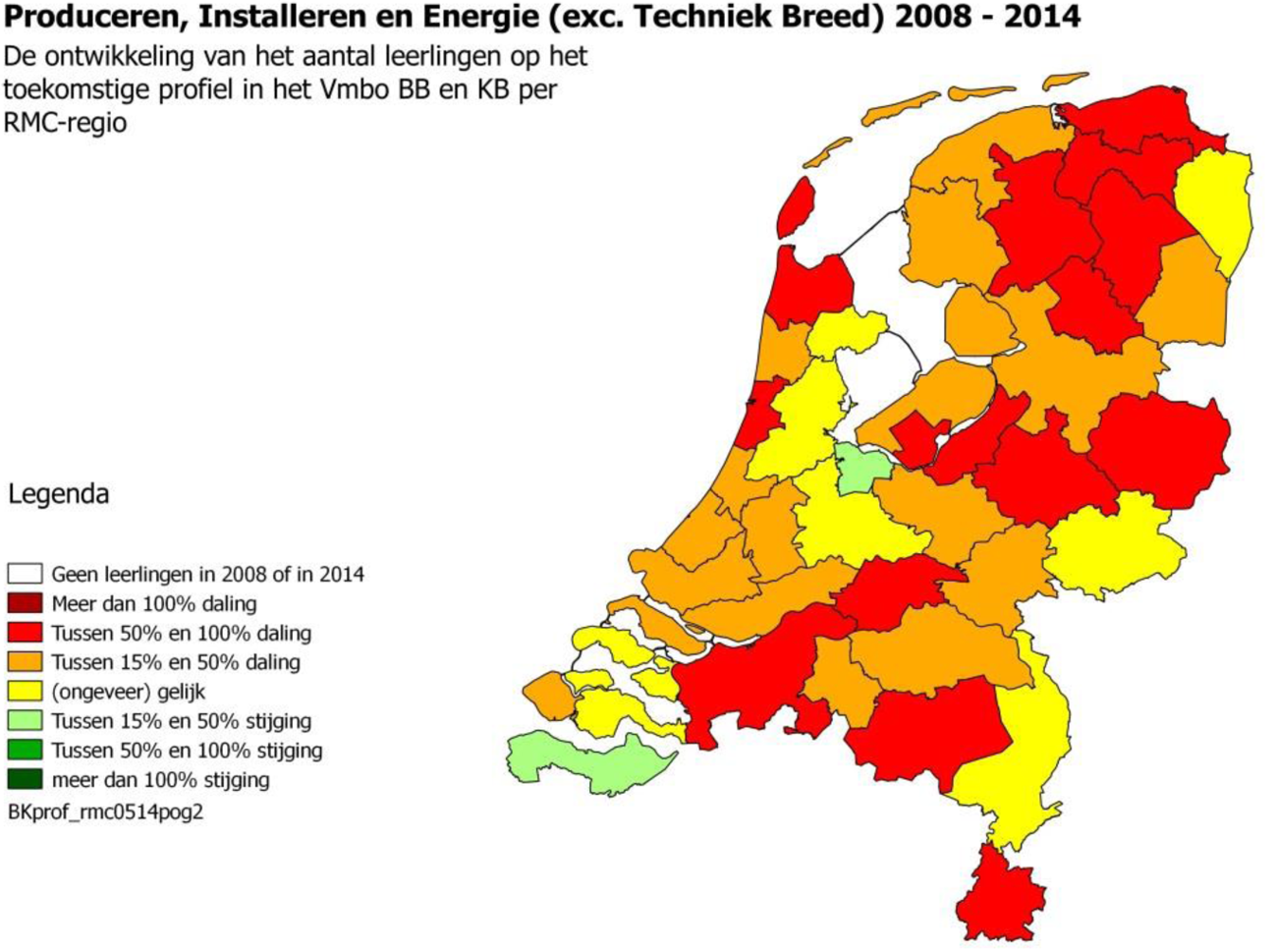 Kaart 8: leerlingendaling profiel Produceren, installeren en energie 2008–2014