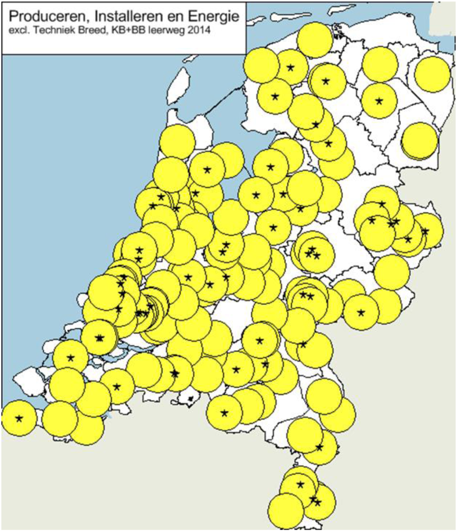 Kaart 19: spreiding profiel Produceren, installeren en energie 2014