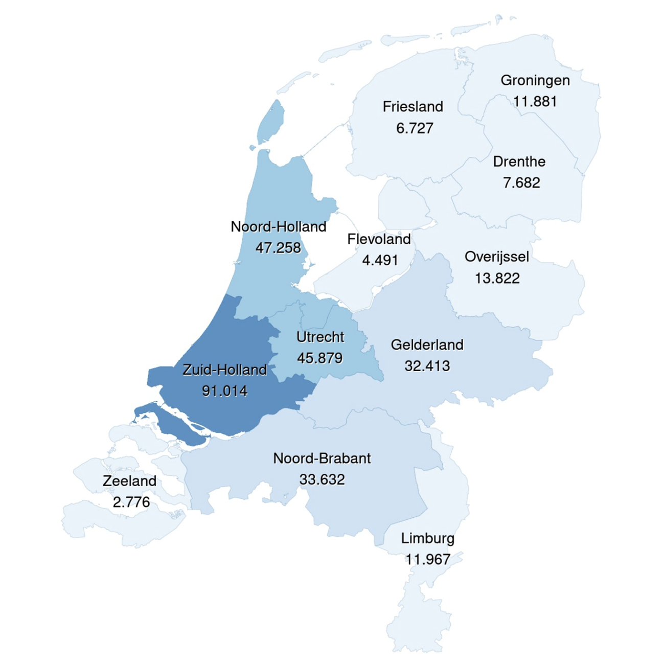 Kaart 1: Rijkswerkgelegenheid per 1 januari 2021 naar provincie in fte.