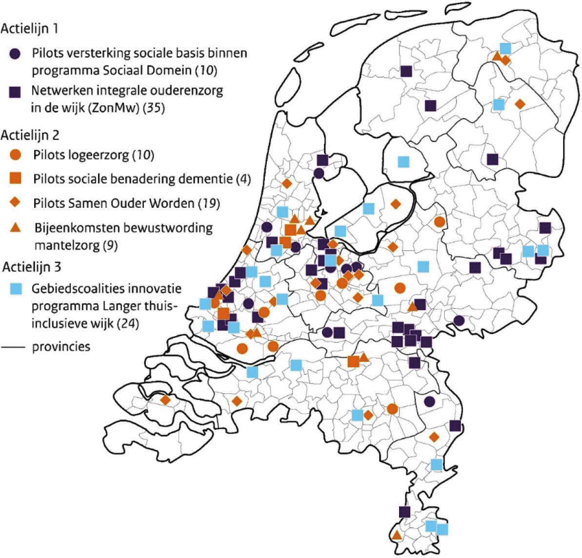 Figuur 1 Integratief beeld; geografische spreiding van indicatoren per actielijn (bron; RIVM).