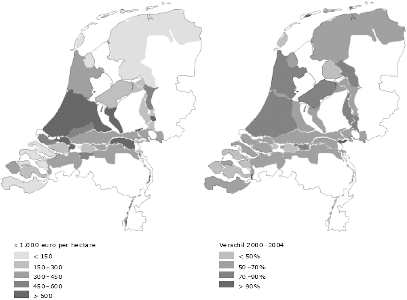 Figuur 2. Waarde van onroerende zaken per 							 dijkringgebied, situatie in 2004 en ontwikkeling over de periode 							 2000–2004