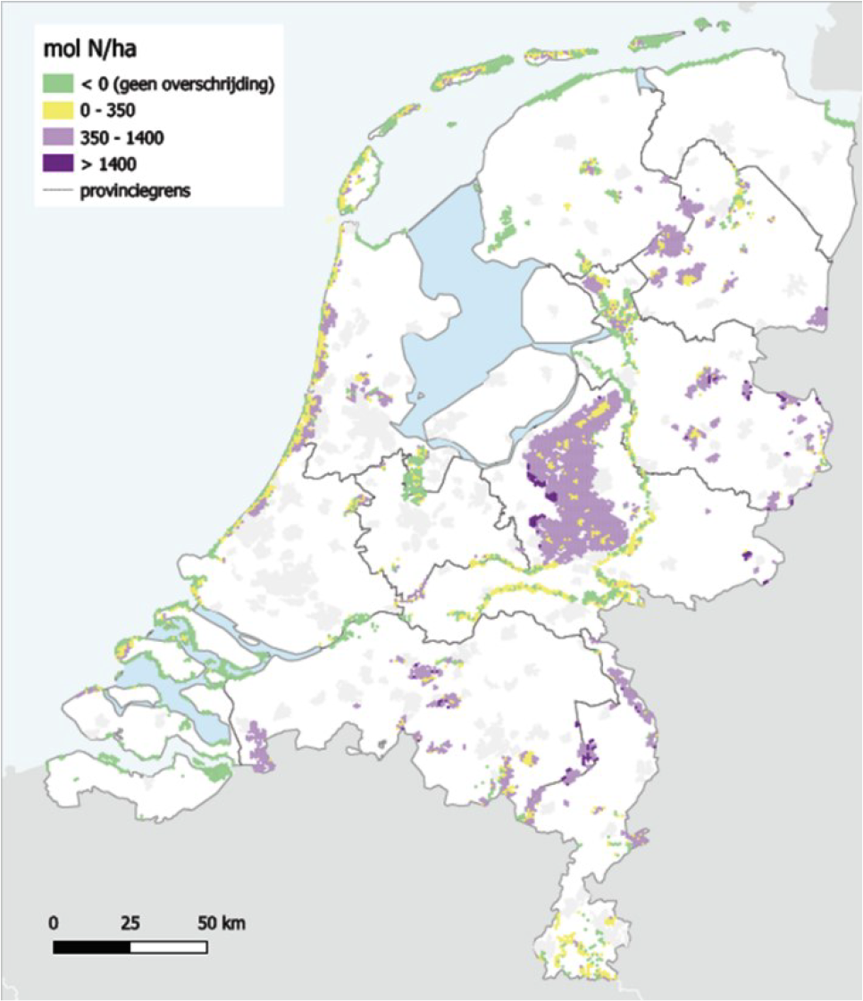 Figuur 1 In 2018 was 22% van de hectares met stikstofgevoelige natuur in N2000-gebieden onder de kritische depositiewaarde. Weergave op deze kaart per 64 ha (bron: Rijksinstituut voor Volksgezondheid en Milieu (RIVM))