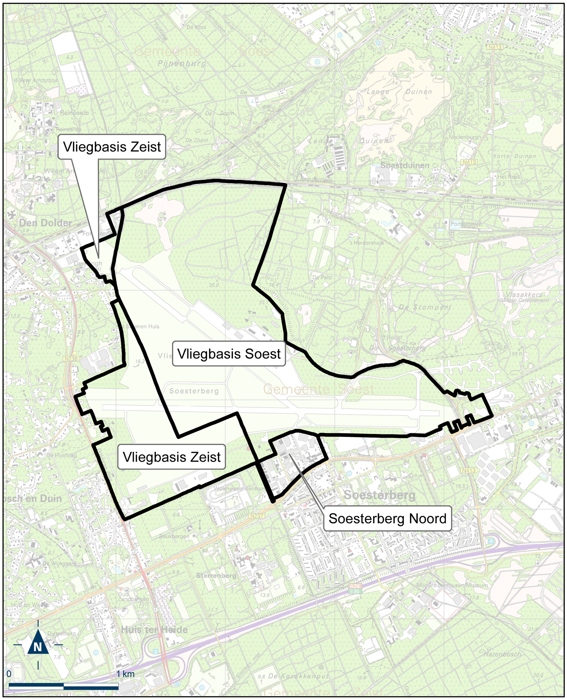 Kaart Vliegbasis Soesterberg, Vliegbasis Zeist en Soesterberg Noord