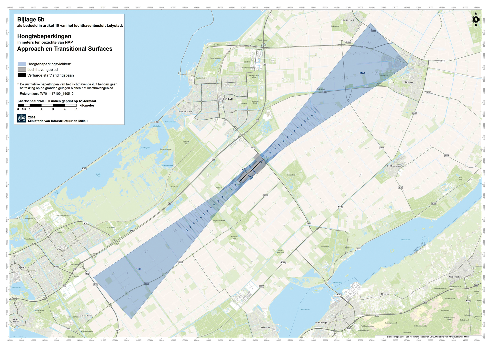 Kaart (1:50.000) met hoogtebeperkingen: Approach en Transitional Surfaces