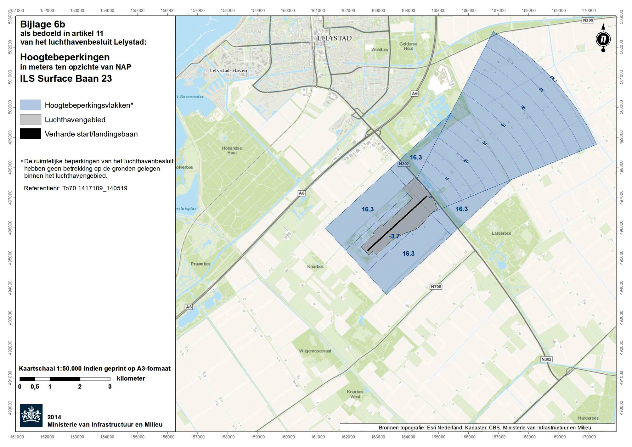 Kaart (1:50.000) met hoogtebeperkingen: ILS Surface baan 23