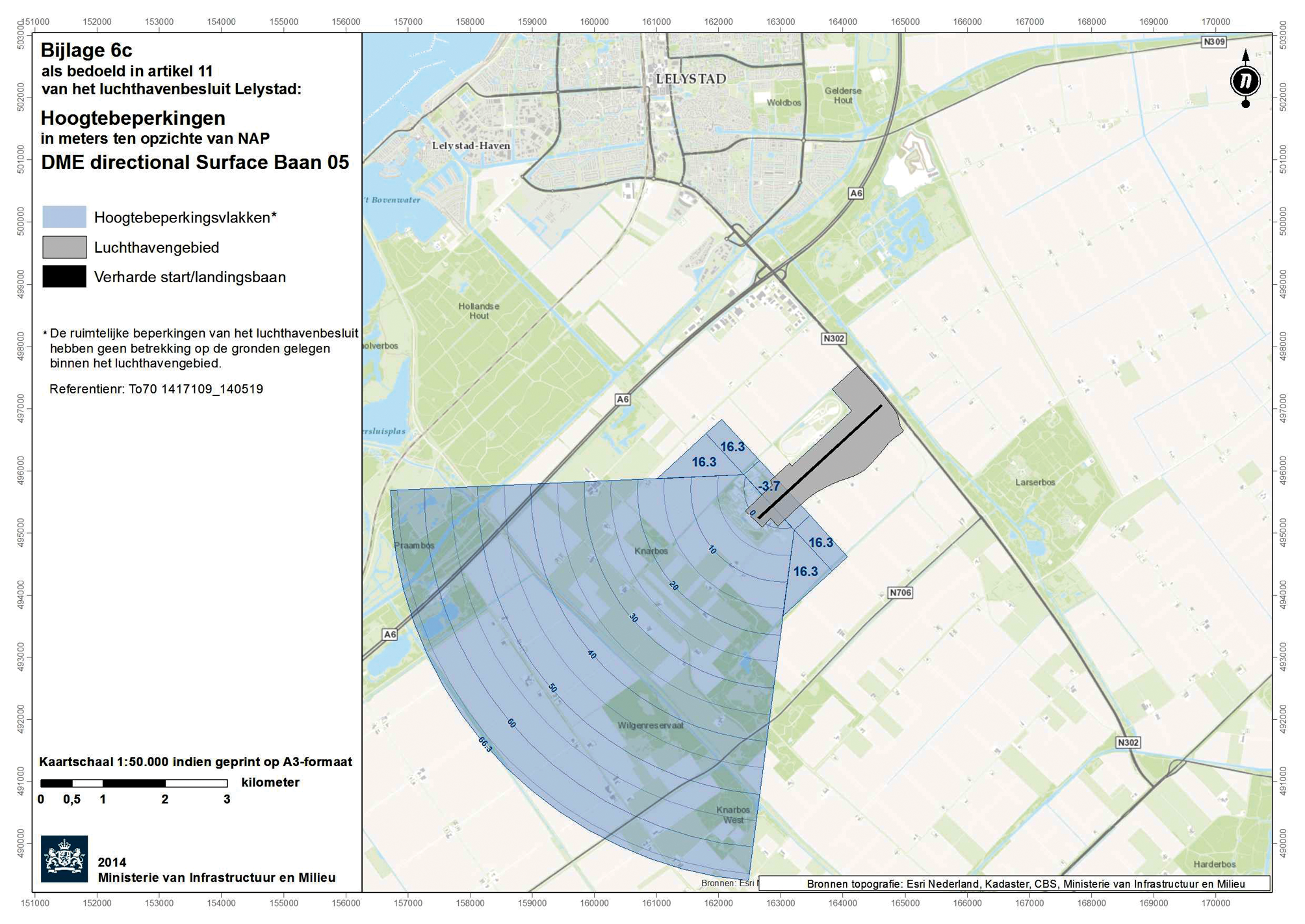 Kaart (1:50.000) met hoogtebeperkingen: DME directional Surface baan 05