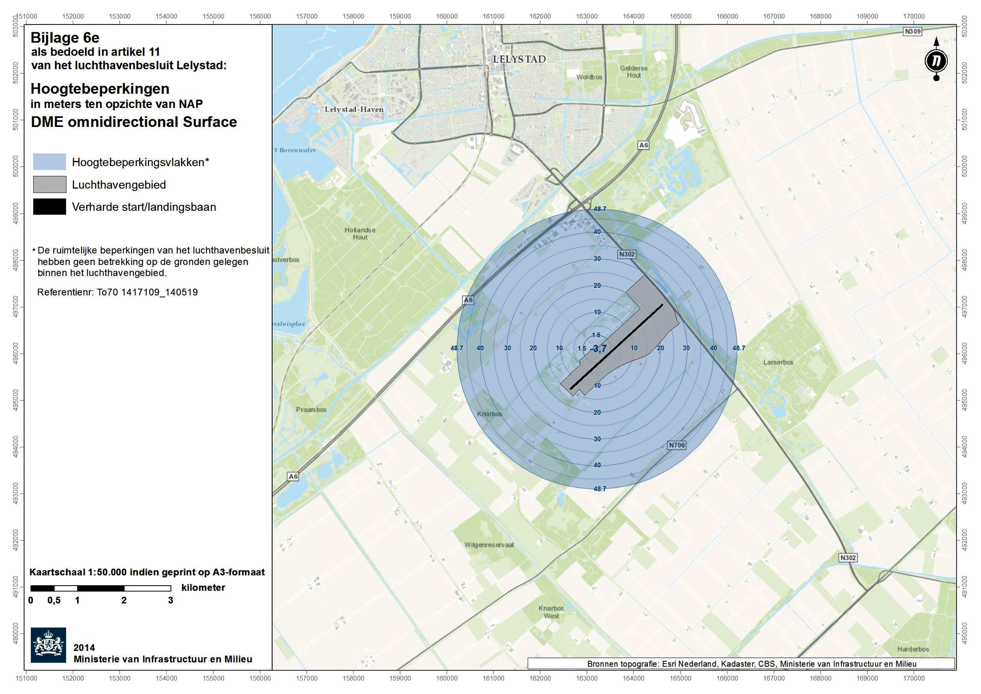 Kaart (1:50.000) met hoogtebeperkingen: DME omnidirectional Surface