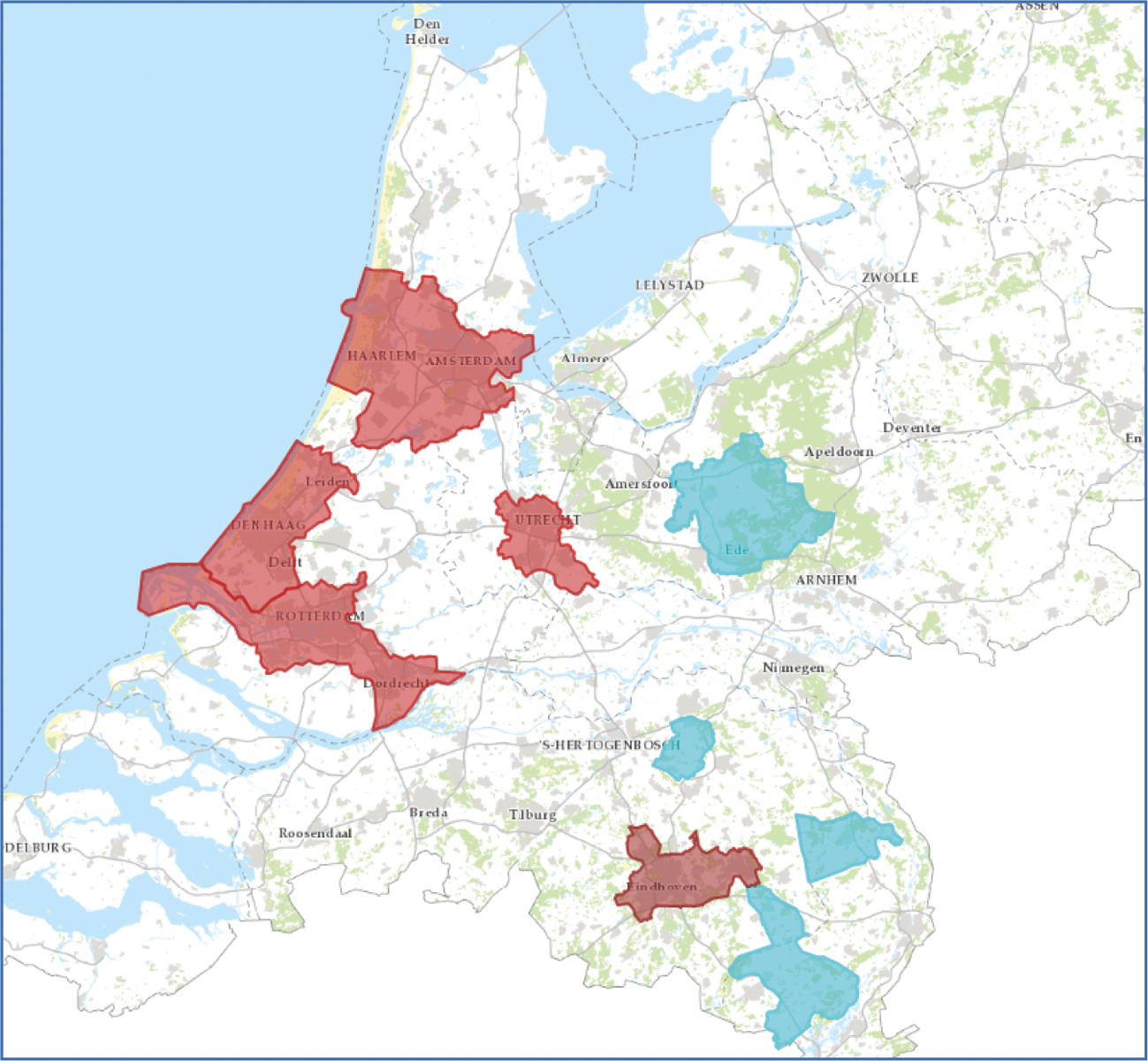 Figuur 8.4. Aandachtsgebieden voor NO2 en PM10 (rood) en alleen PM10(blauw).