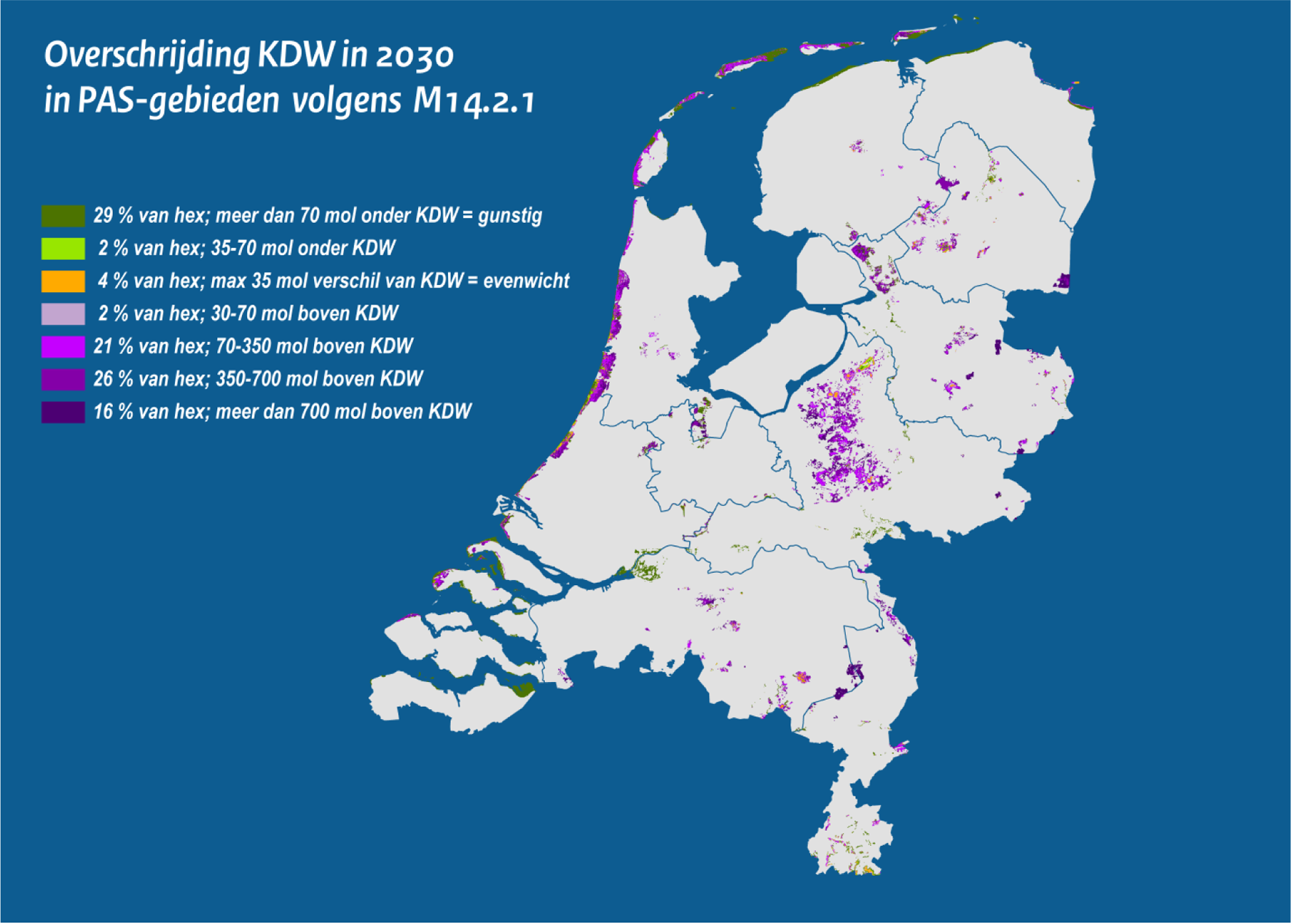 Kaart 8.1 Verwachte overschrijding van kritische depositiewaarden in 2030 in molen per hectare per jaar ten opzichte van de laagste kritische depositiewaarde op hectareniveau (berekend met AERIUS Monitor 14.2.1)