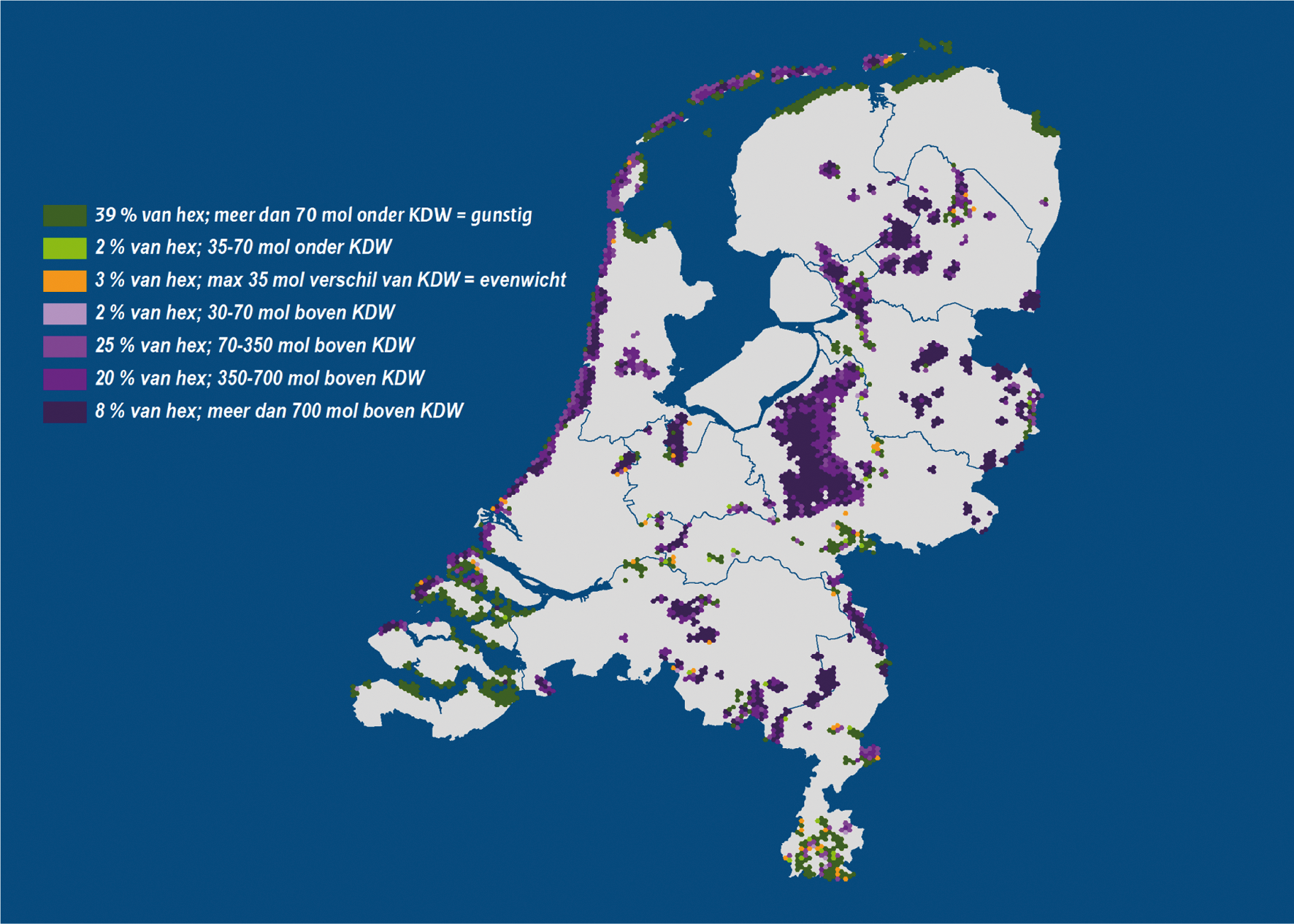 Kaart 8.1 Verwachte overschrijding van kritische depositiewaarden in 2030 in molen per hectare per jaar ten opzichte van de laagste kritische depositiewaarde op hectareniveau (berekend met AERIUS Monitor 2015)