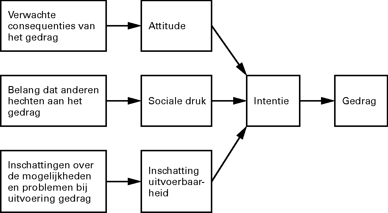 Schematische weergave van de theorie van het geplande gedrag (terminologie aangepast aan het onderzoek)