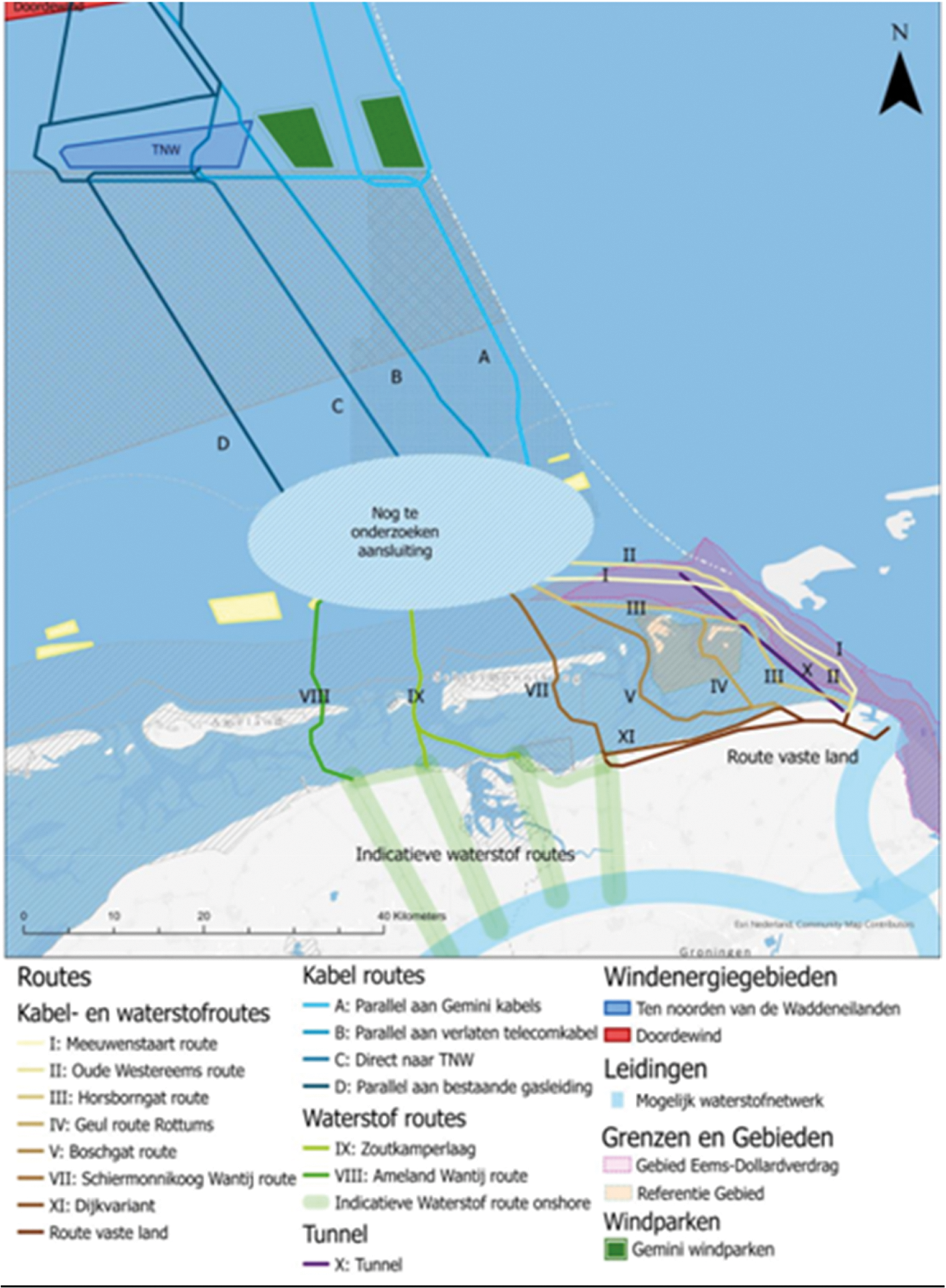 Figuur 1 Overzicht van alle in PAWOZ-Eemshaven onderzochte routes.