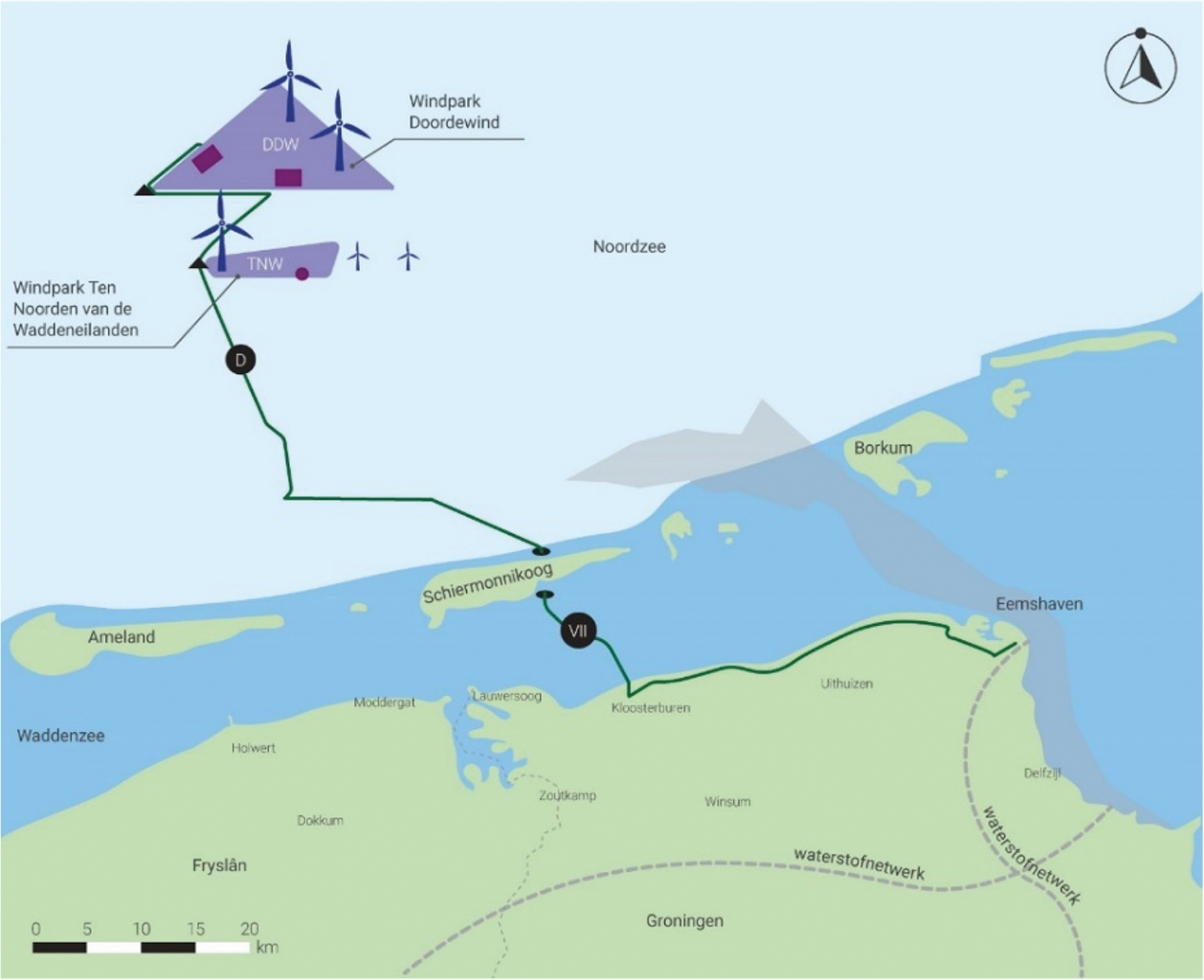 Figuur 2 De keuze voor de aanlanding van windgebied Doordewind (DDW) via de Schiermonnikoog Wantij route (VII) met bijbehorende landroute en Noordzeeroute (D).
