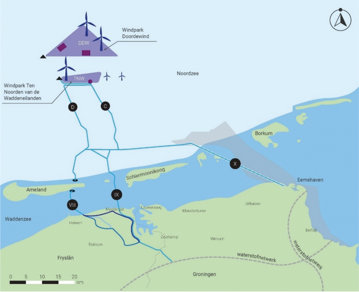Figuur 3 Mogelijke routes voor aanlanding windgebied Ten Noorden van de Waddeneilanden (TNW) via waterstofroutes Ameland Wantij route (VIII), Zoutkamperlaag route (IX) en Tunnel route (X) met mogelijke bijbehorende landroutes en Noordzeeroutes (C) en (D).