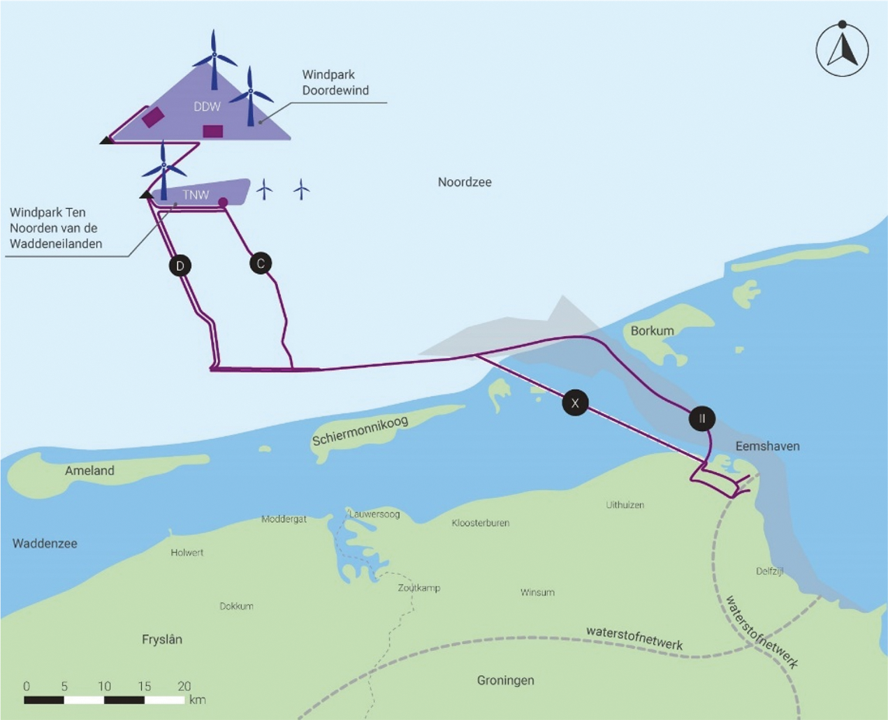 Afbeelding 4 De mogelijkheden voor aanlanding van toekomstige windparken – Oude Westereems route (II) en Tunnel route (X).