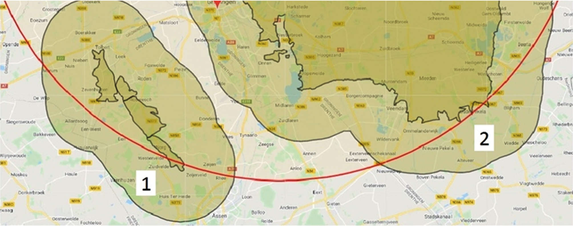 Figuur IX.1 Effectgebied Huizinge, Groningenveld en gasopslag Norg