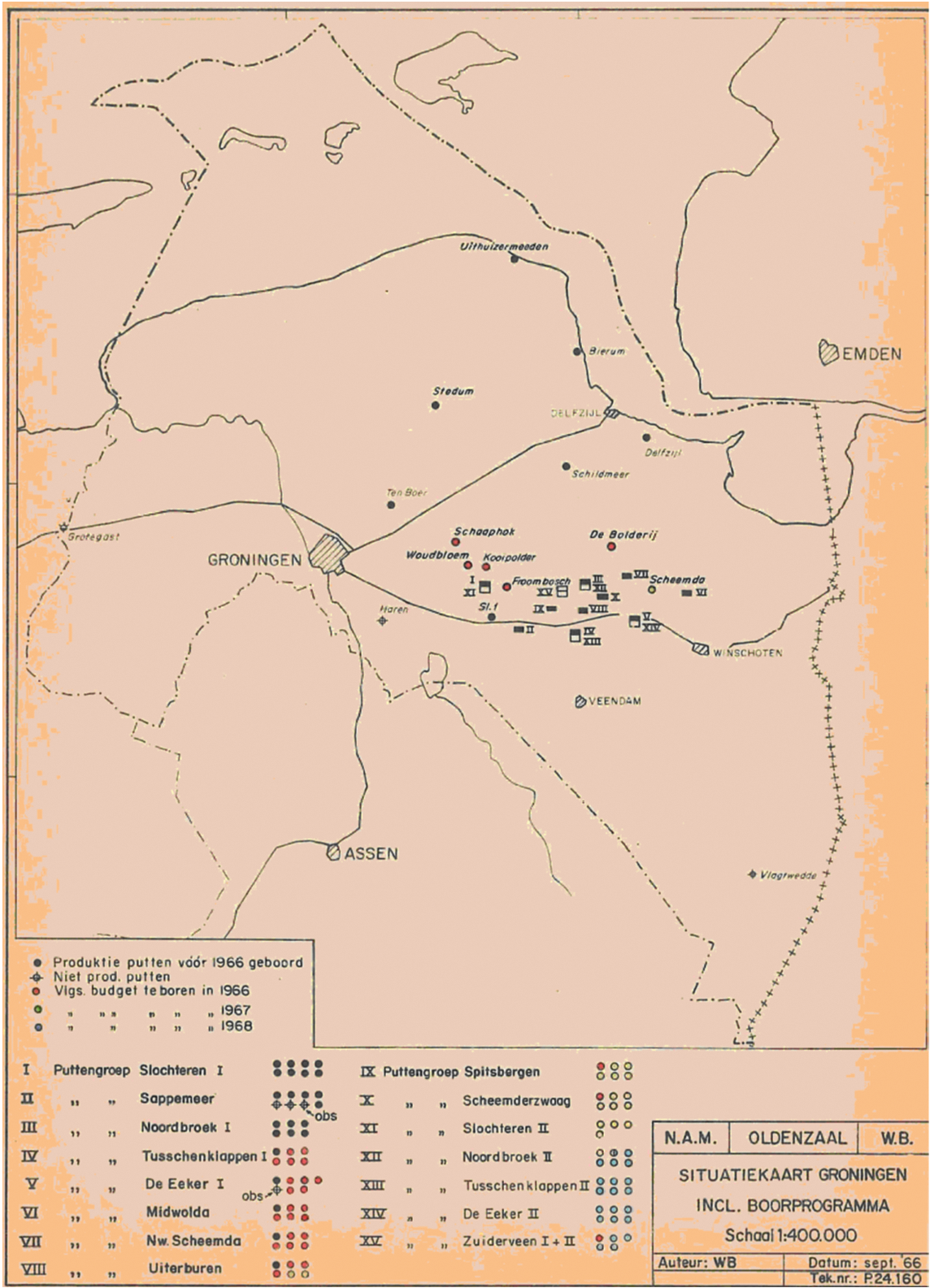 Figuur 1.5 De NAM boort in de periode 1966–1968 op verschillende plaatsen naar gas 