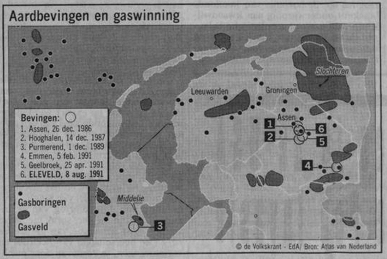 Figuur 1.11 Kaart in de Volkskrant over aardbevingen en gaswinning, augustus 1991 