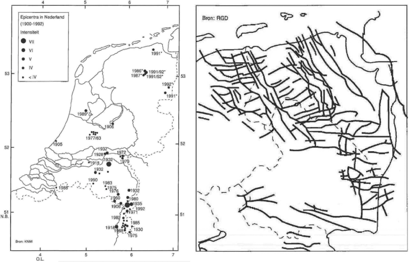 Figuur 1.14 Epicentra van Nederlandse aardbevingen (1900–1992) en de breukenkaart van de Zechstein-zoutlaag in Noordoost-Nederland (1993)