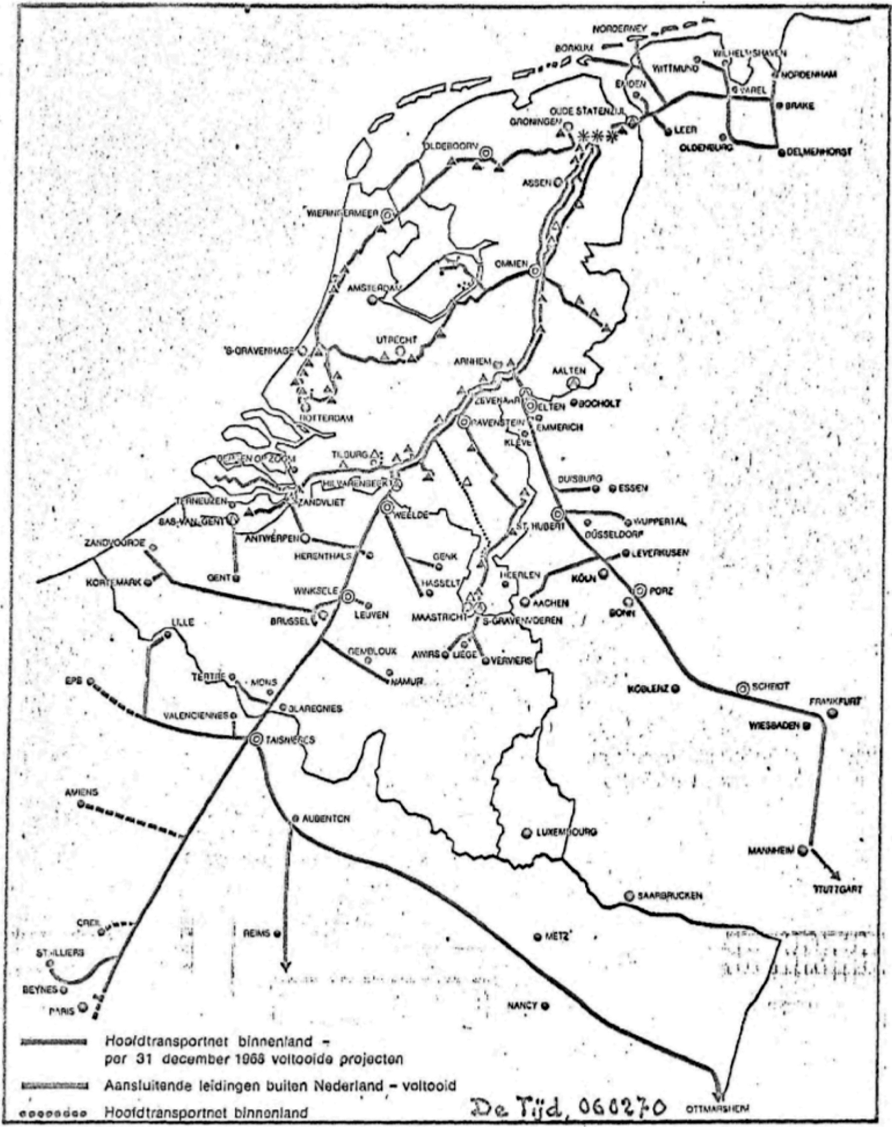 Figuur 1.18 Pijpleidingennetwerk vanuit Groningen naar Duitsland, België en Frankrijk in 1970