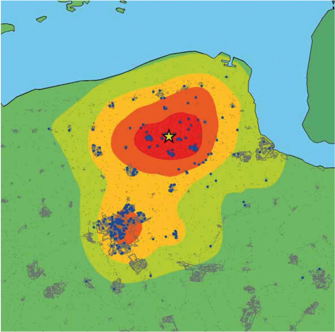 Figuur 3.4 Intensiteit van de aardbeving op 8 augustus 2006 bij Westeremden