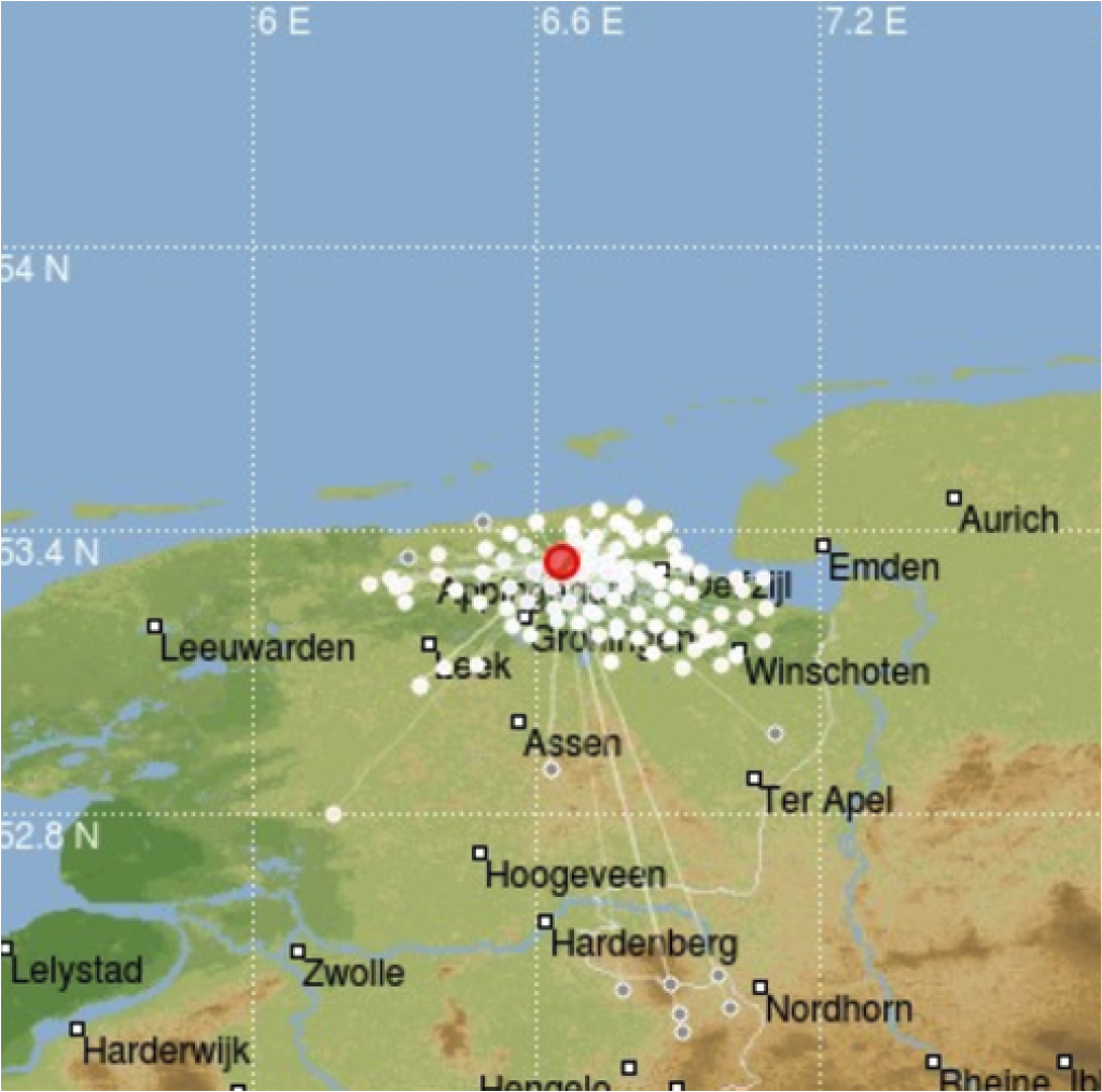 Figuur 9.1 Overzicht van de meetstations waar de beving van Westerwijtwerd op 22 mei 2019 is geregistreerd