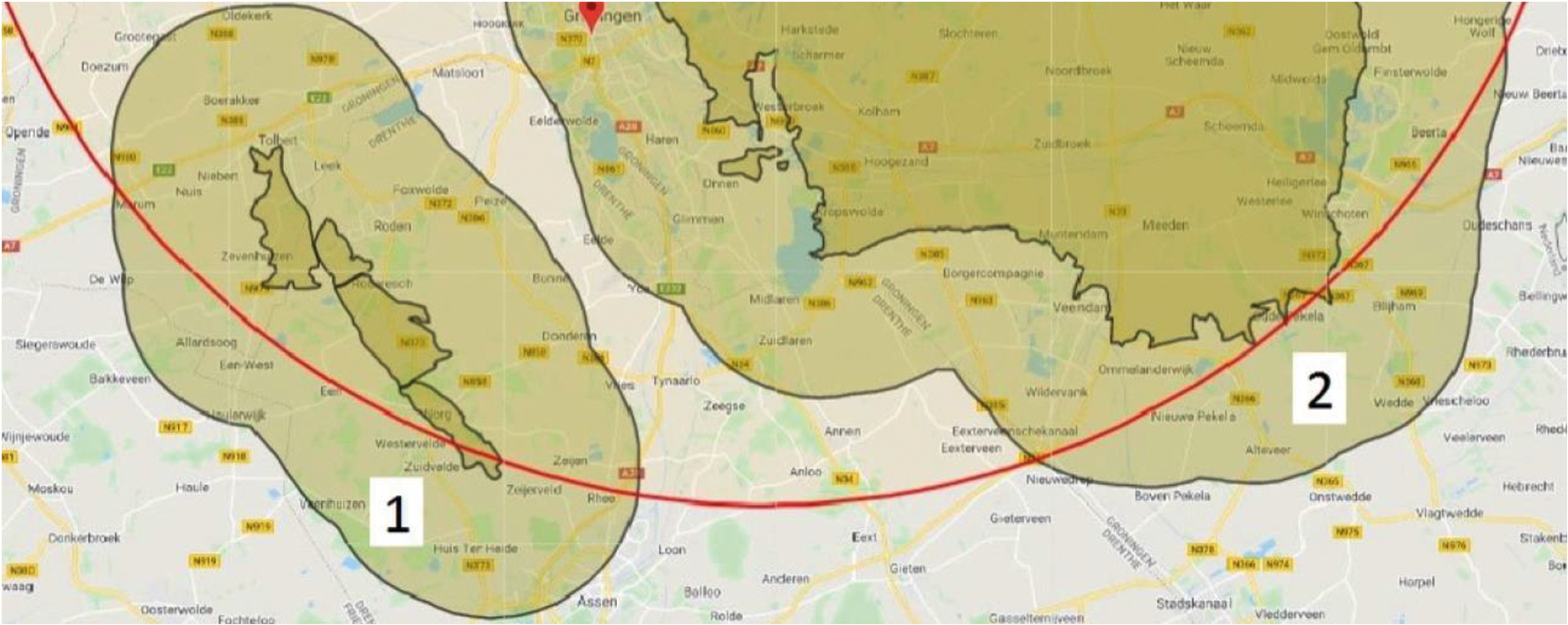 Figuur 9.4 De twee gebieden aan de rand van het Groningenveld en de gasopslag Norg waarbij het IMG twijfels heeft over de oorzaak van schades aan huizen