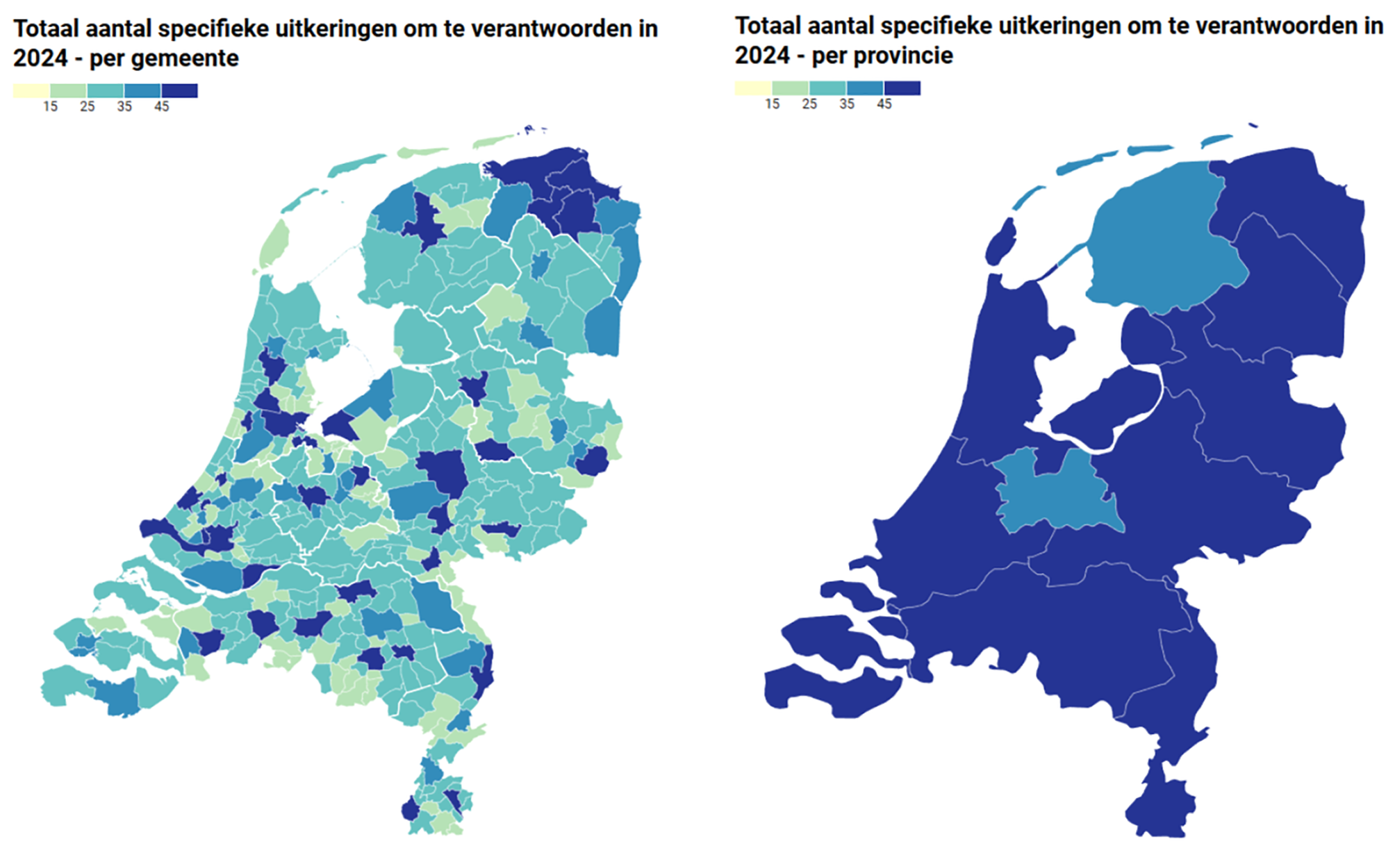 Figuur 3 en Figuur 4: Totaal aantal specifieke uitkeringen om te verantwoorden in 2024, per gemeente en per provincie