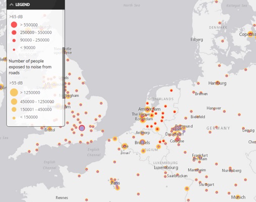 kaart van Nederland gelegen in West-Europa met daarop aangegeven hinder door geluid