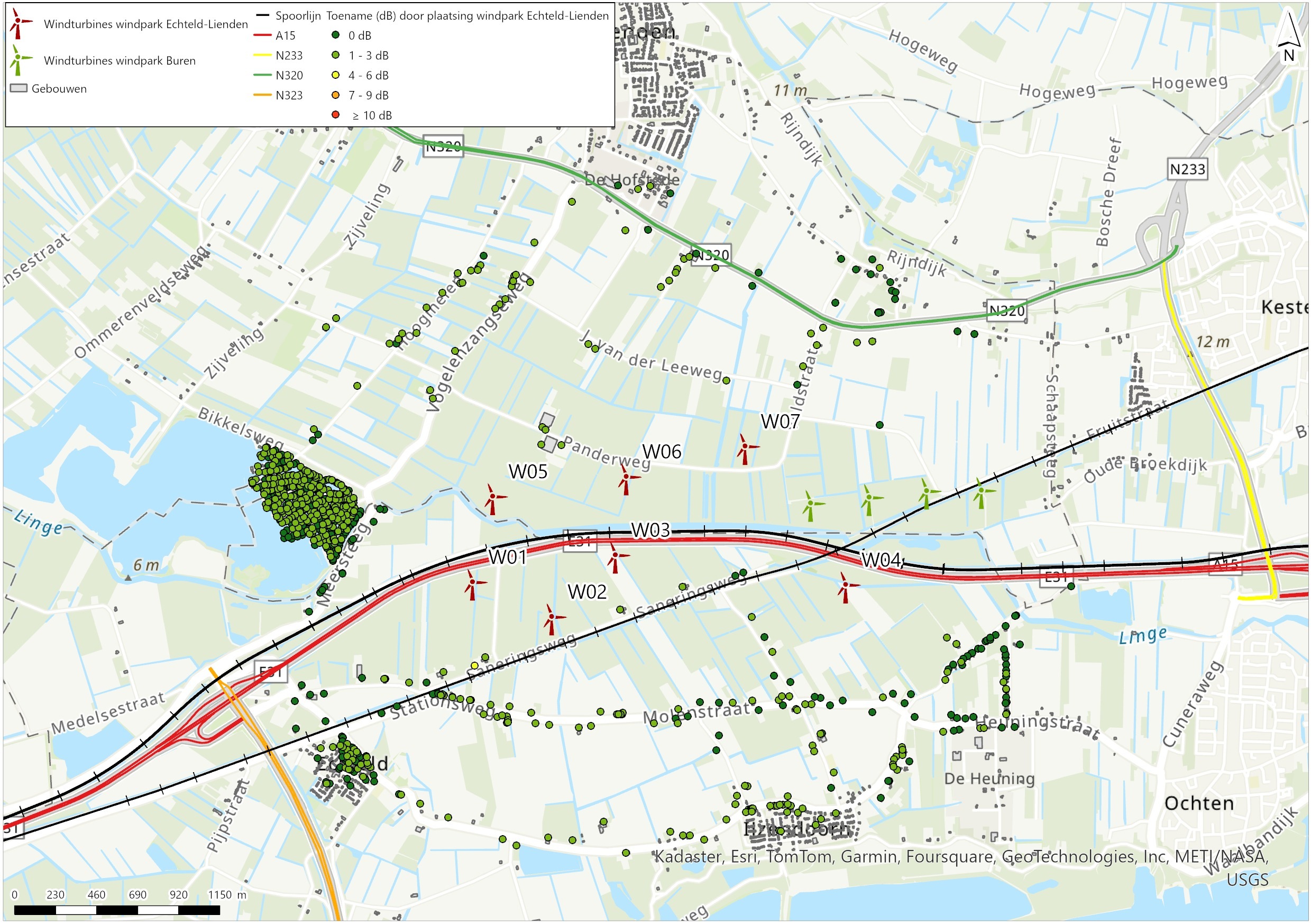 Afbeelding 5.35 Toename van het geluid op de omgeving als gevolg van het plaatsen van de ondergrens turbines van windpark Echteld-Lienden