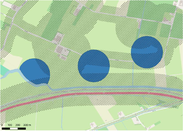 Afbeelding 5.6 Aantasting leefgebied grutto (het gaat om de blauwe vakken die NIET overlappen met de arceringen)