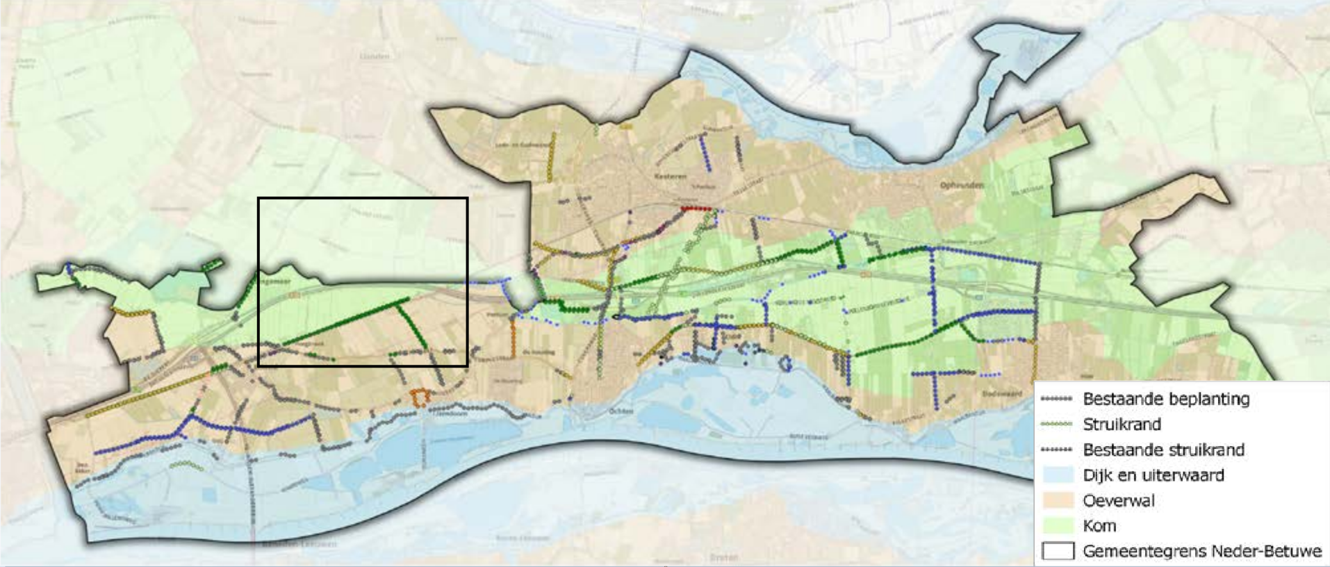 Afbeelding 5.19 Landschapstypen Gemeente Neder-Betuwe. Het onderzoeksgebied is aangegeven met het zwarte kader