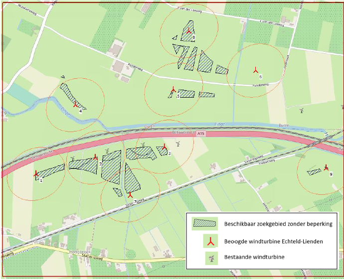 Afbeelding 2.15 beschikbaar zoekgebied en mogelijke locaties van de windturbines