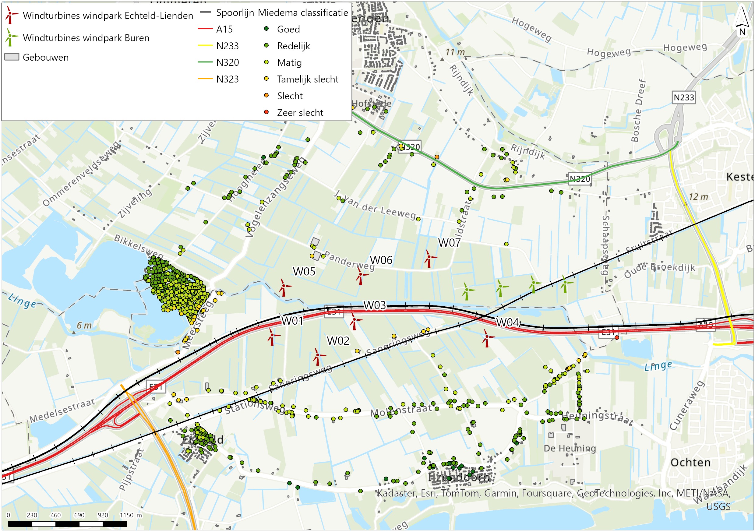 Afbeelding 5.36 Miedema classificatie op de geluidgevoelige gevels van de bovengrens turbines en overige geluidbronsoorten