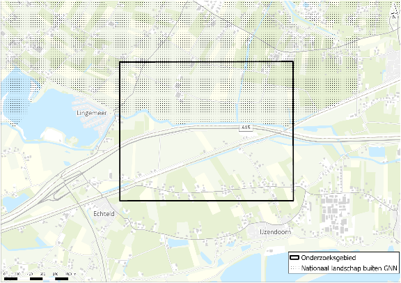 Kaart met daarop het onderzoeksgebied en gebiedsaanduiding. Ten noorden van het midden is Nationaal landschap buiten GNN. Ten zuiden niet.