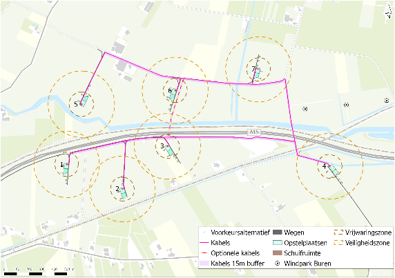 Kaart met het onderzoeksgebied met daarop 7 opstelplaatsen verspreid langs de weg. 3 ten noorden van de weg, 4 ten zuiden van de weg. De opstelplaatsen zijn verbonden met een kabel.
