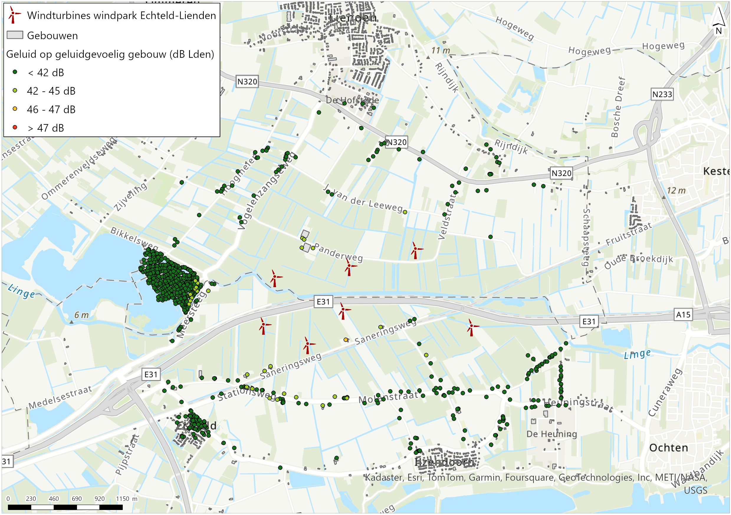 Afbeelding 5.19 Geluid op geluidgevoelige gevels als gevolg van de ondergrens turbines
