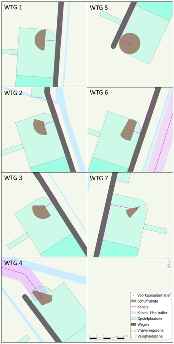 Overzicht van 7 kaartjes met schuifruimtes van de windturbines. De eerste afbeelding heeft een halve cirkel met een maximale radius van 10 m aan schuifruimte, de tweede en derde hebben een derde van een cirkel aan schuifruimte, de vierde heeft ongeveer een kwart van een cirkel aan schuifruimte, de vijfde heeft een gehele cirkel aan schuifruimte, de zesde heeft ongeveer de helft van een cirkel aan schuifruimte en de zevende heeft een vijfde van een cirkel aan schuifruimte