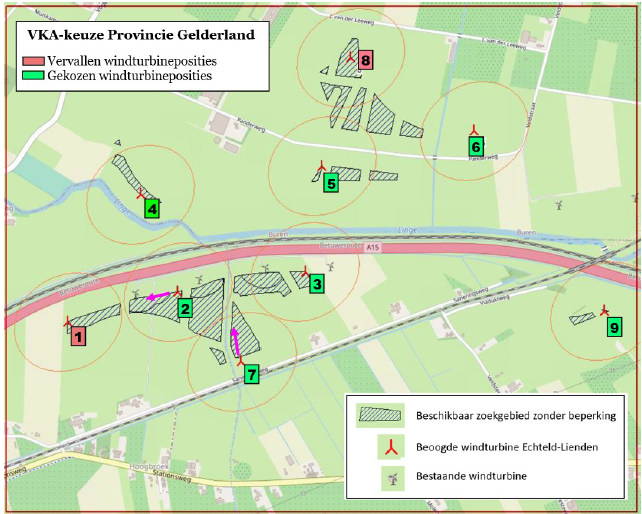 Afbeelding 2.16 VKA; gekozen windturbineposities (groen) en vervallen windturbineposities (rood)
