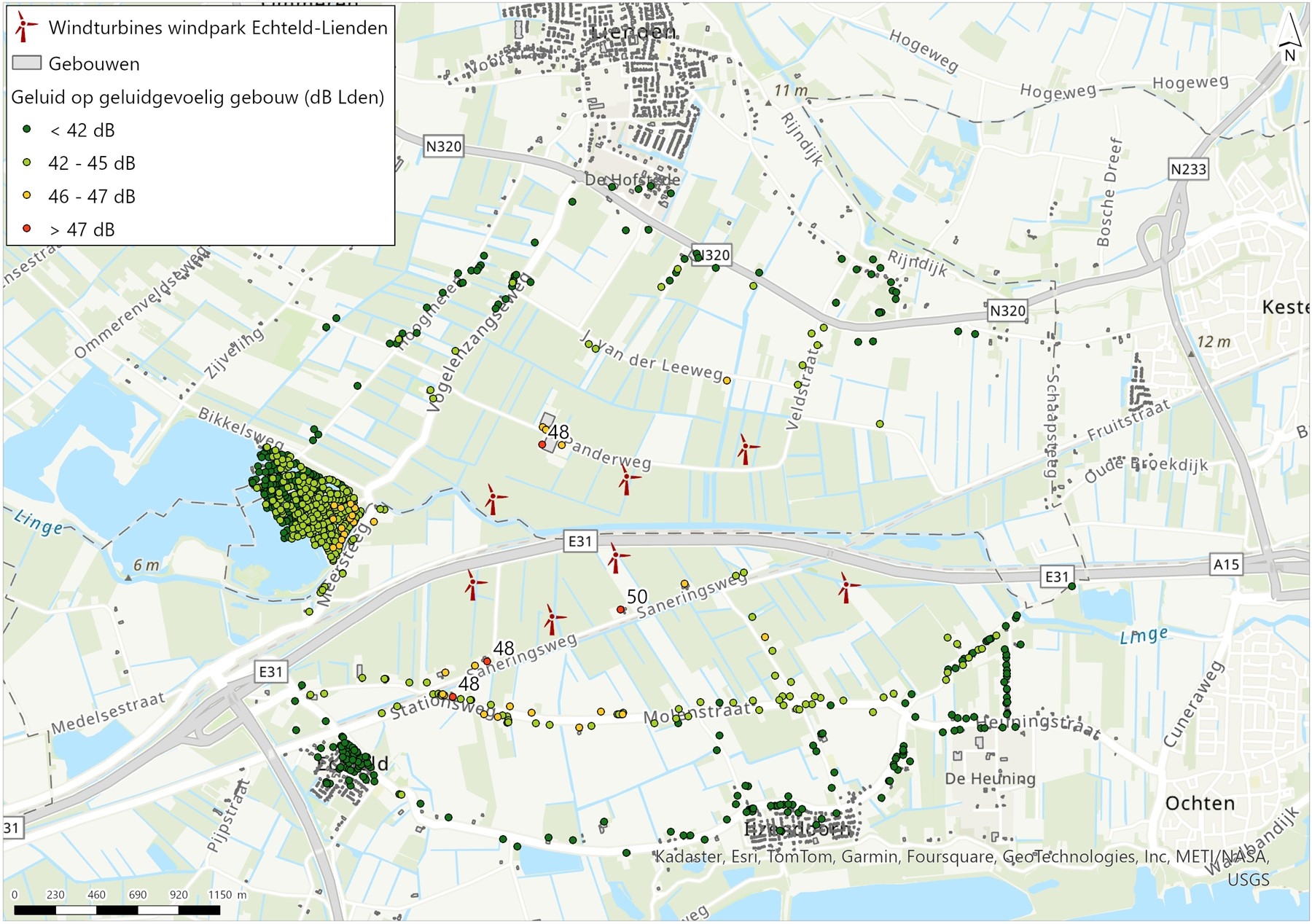 Afbeelding 5.20 Geluid op geluidgevoelige gevels als gevolg van de bovengrens turbines