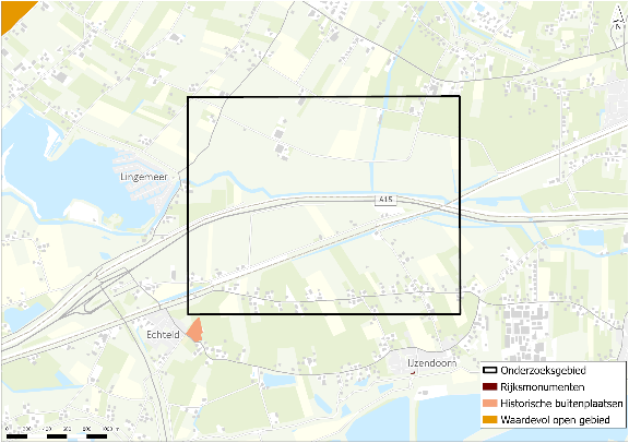 Kaart met daarop het onderzoeksgebied en de cultuurhistorische waarde. Het onderzoeksgebied bevat geen cultuurhistorische monumenten, historische buitenplaatsen of waardevol open gebied.