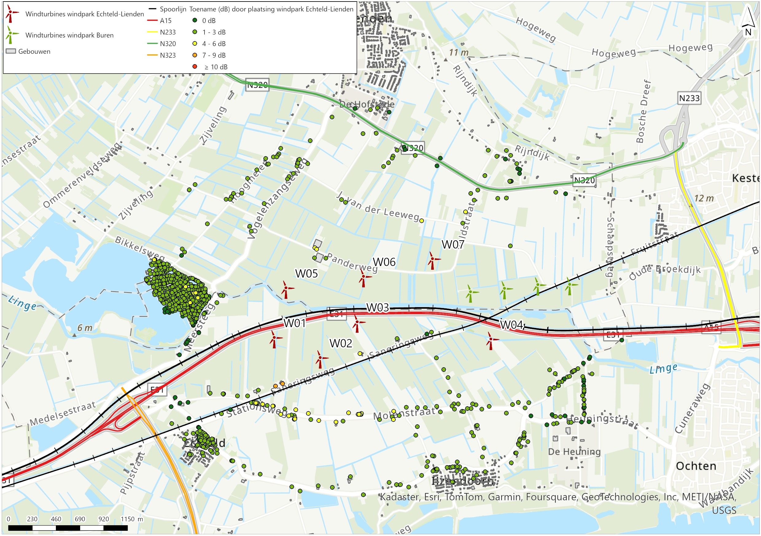 Afbeelding 5.37 Toename van het geluid op de omgeving als gevolg van het plaatsen van de bovengrens turbines van windpark Echteld-Lienden