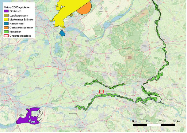 Afbeelding 5.3 Verder gelegen Natura 2000-gebieden ten opzichte van het onderzoeksgebied uit de Natuurtoets