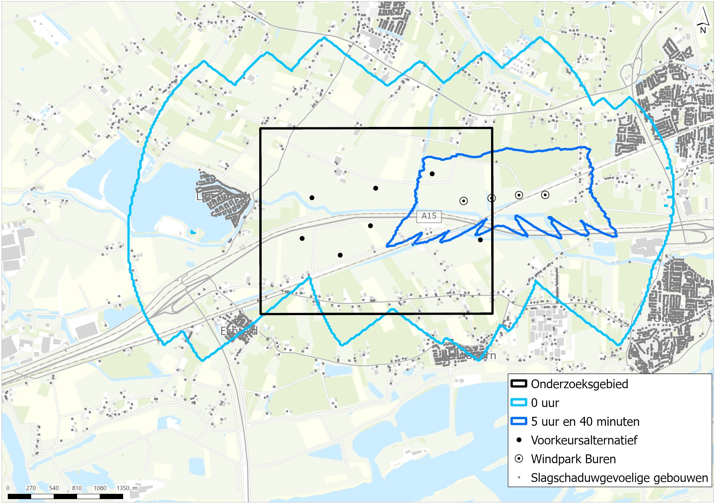 Kaart met daarop het onderzoeksgebied en overzicht slagschaduw. Het grootste deel onderzoeksgebied valt onder de 0 uur slagschaduw. Ten oosten 5 uur en 40 minuten door windpark Buren