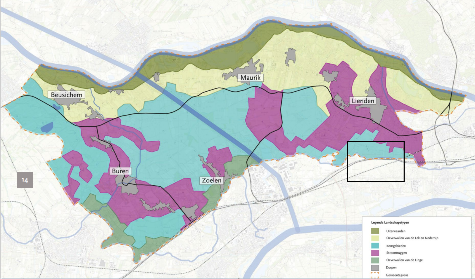 Afbeelding 5.18 Landschapstypen Gemeente Buren. Het onderzoeksgebied is aangegeven met het zwarte kader